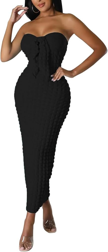 WUSENST Womens Strapless Maxi Dress Tube Top Bodycon Long Dresses Hollow Out Knot Front Party Sun... | Amazon (US)