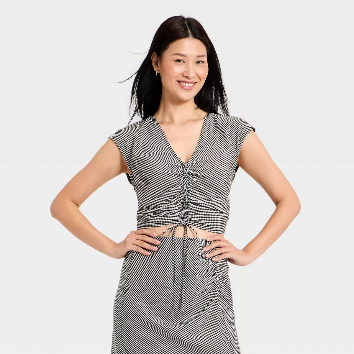 Women's Cap Sleeve Tie Top - A New Day™ Black Gingham | Target