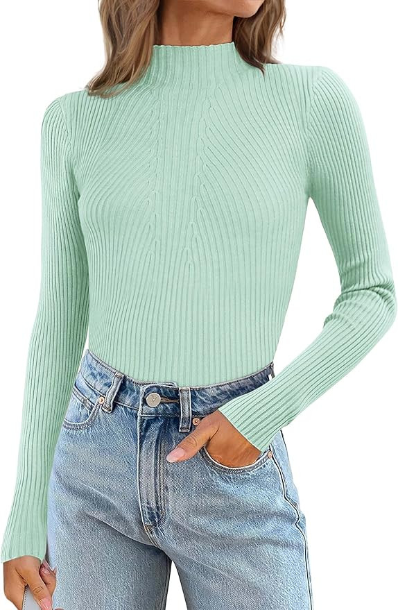 ATHMILE Women's 2025 Fall Long Sleeve Pullover Ribbed Knit Sweater Low Mock Neck Slim Fit Basic C... | Amazon (US)