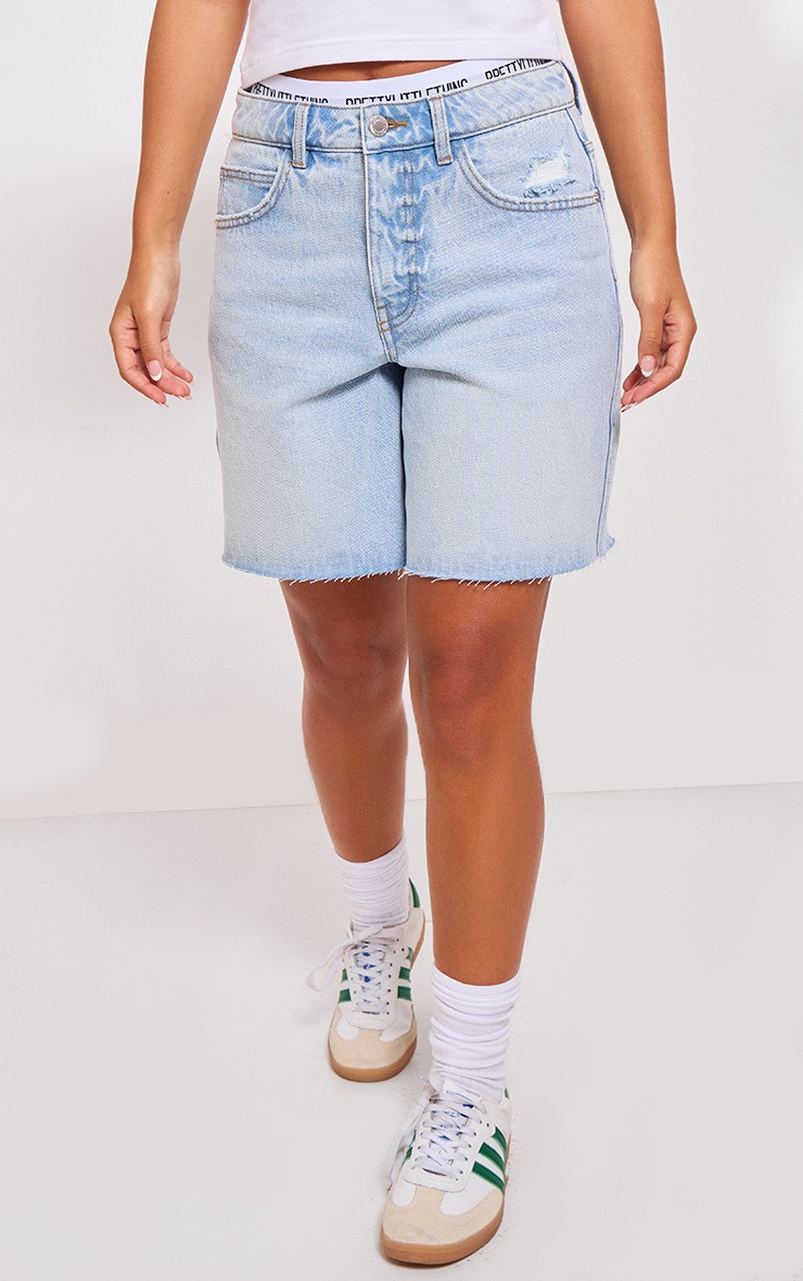 PRETTYLITTLETHING Petite Light Blue Raw Hem Longline Loose Fit Denim Shorts | PrettyLittleThing UK