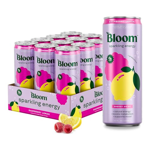 Bloom Nutrition Sparkling Energy Drink for Focus, Natural Caffeine, Zero Sugar, 180mg Caffeine, Antioxidant-Rich with Green Coffee Bean, Green Tea Extract, & Prebiotics, Raspberry Lemon 12oz 12 Pack | Amazon (US)