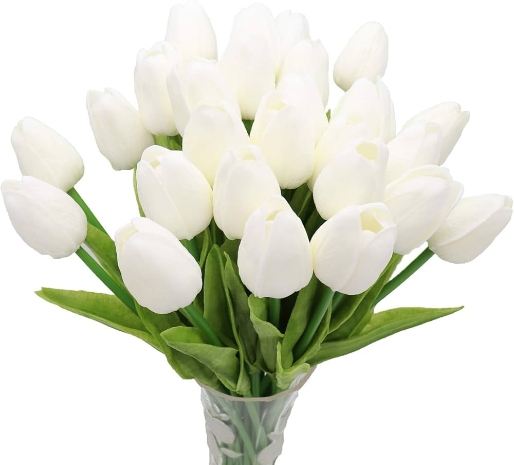 Crafare 27PC White Artificial Tulips Flowers Real Touch Holland Tulips for Holiday Christmas Wedd... | Amazon (US)