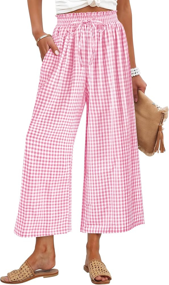 ANRABESS Womens Striped Gingham Pants, Cropped & Palazzo, Wide Leg Pajama with Pockets, Summer Casual Lounge Cute Trousers | Amazon (US)