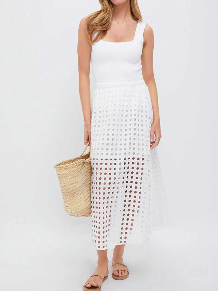 Summer Casual Long Skirt For Women Cotton Eyelet Beach Maxi Skirt With Underneath | SHEIN