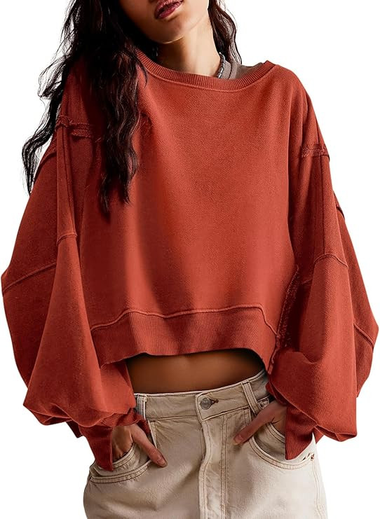 Zwurew Womens Casual Sweatshirt Long Sleeve Tops Crewneck Loose Fit Tee Pullover Crop Tshirt Side... | Amazon (US)