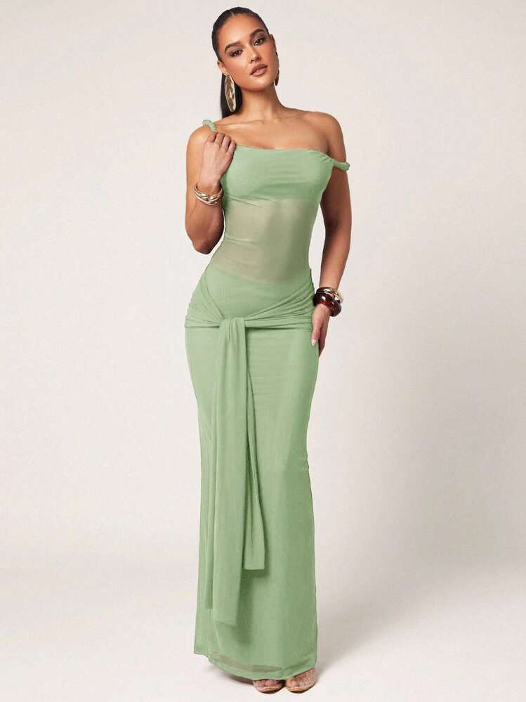 Silquee Women's Solid Color Asymmetrical Neck Bodycon Front Knot Fishtail Hem Fashion Dress, Sage Green Maxi Dress Mesh Maxi Dress Green Mesh Dress Sage Green Formal Dress One Shoulder Formal Dress,Fall,Wedding Guest Dress | SHEIN