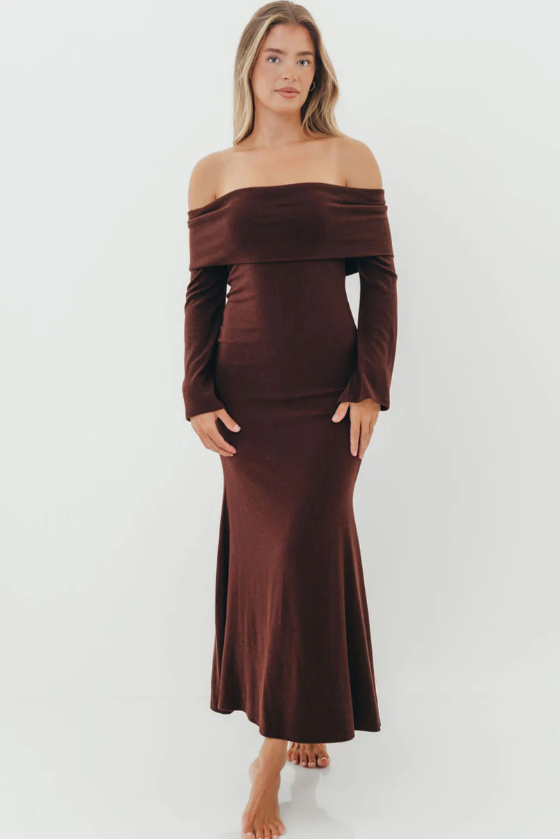 Monroe Maxi Dress with Long Sleeves in Chocolate Brown- Bump Friendly | Worth Collective