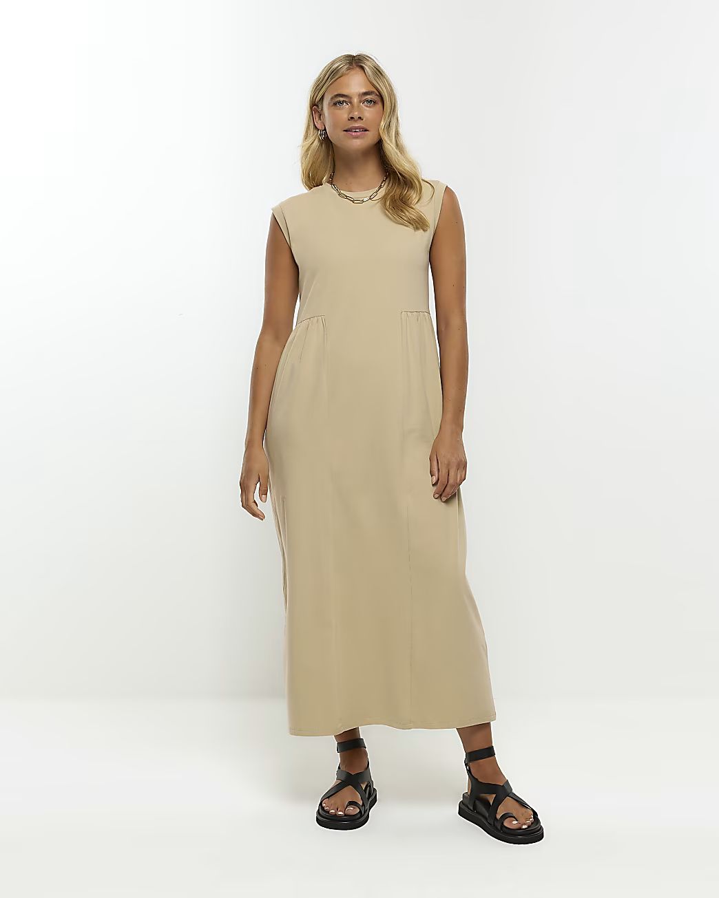 Brown plisse smock midi dress | River Island (US)