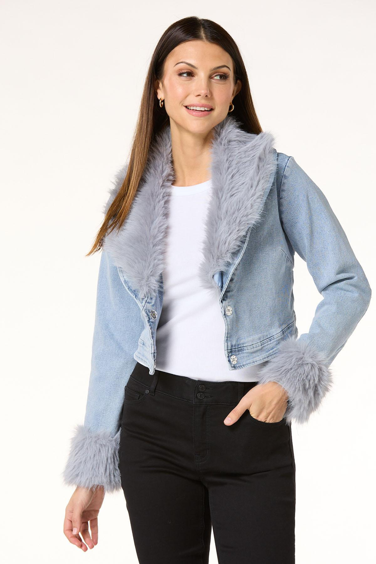 Fur Trim Denim Jacket - Blue | Cato Fashions