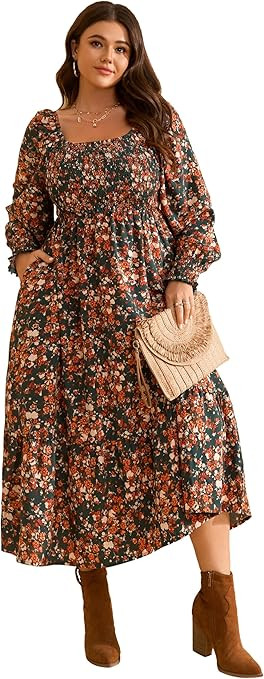 RWJ Women's Plus Size Fall Dress Long Sleeve Square Neck Floral Print Smocked A Line Boho Flowy M... | Amazon (US)