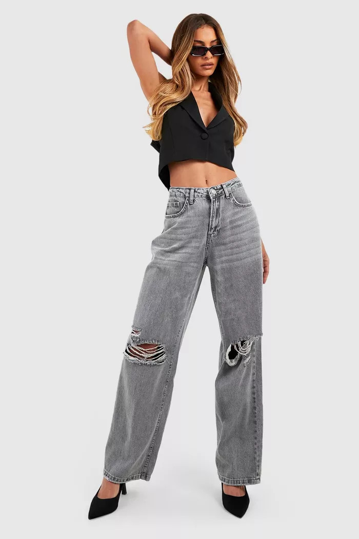 Ripped Knee Distressed High Waist Wide Leg Jeans | boohoo (US & Canada)