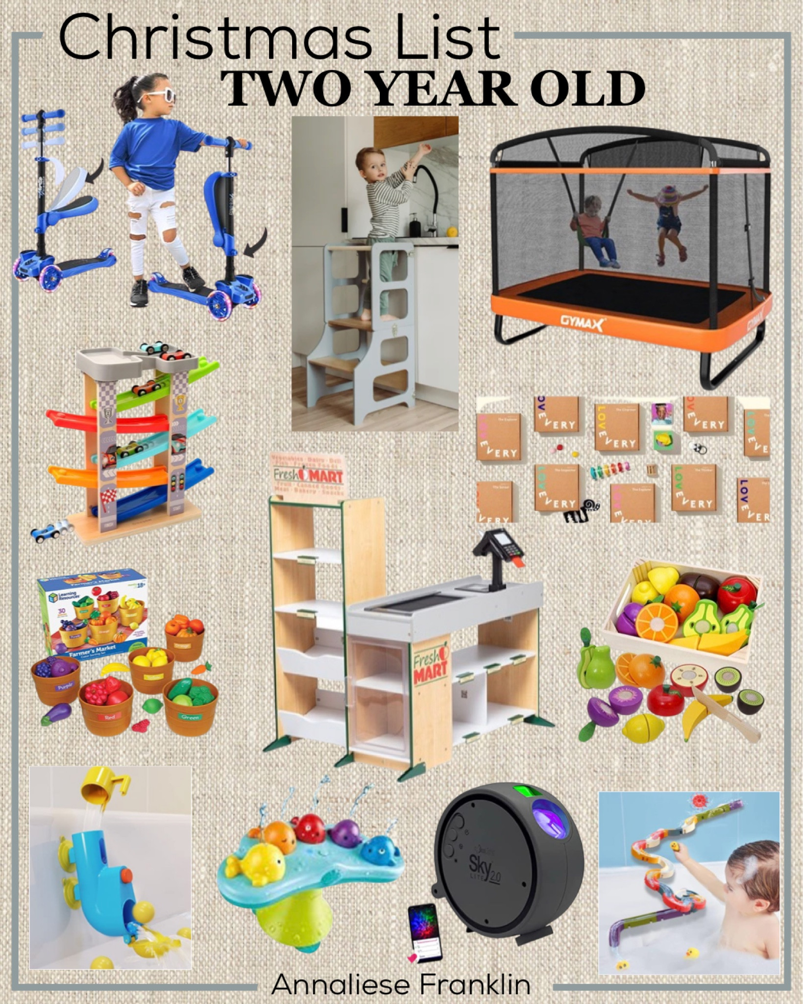 Toddler Christmas list | two year old Christmas list | toddler gift guide | Montessori toys | educational toys | play market | boy toys | toddler trampoline | toddler scooter | star projector | kitchen tower | toddler tower | bath toys 

#LTKbaby #LTKkids #LTKHoliday