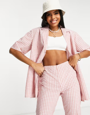 ASOS DESIGN casual bowling shirt in pink check - part of a set | ASOS (Global)