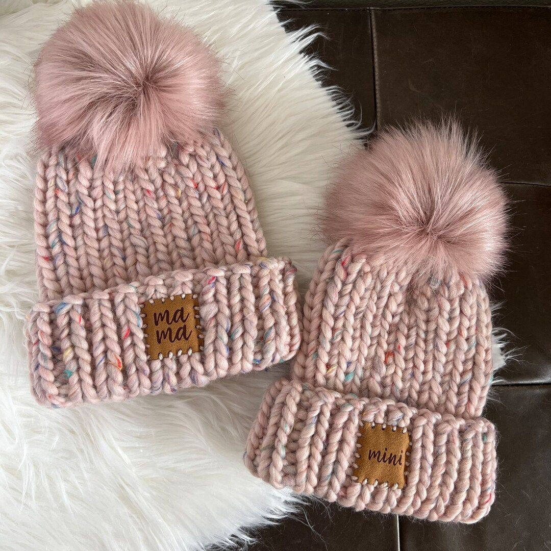 Luxury Knit Mama + Mini Beanie set | Beanies with Faux Fur Pom | Knitted Beanies | Mommy and Me S... | Etsy (US)