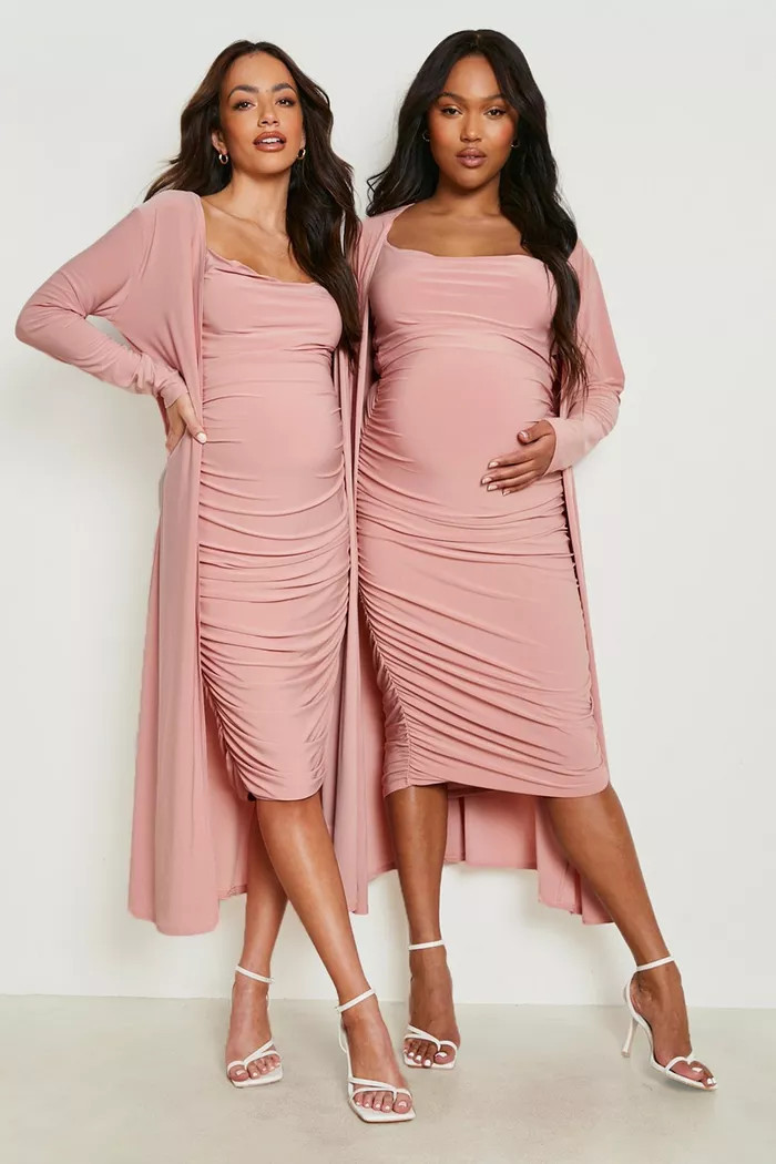 Maternity Strappy Cowl Neck Dress And Duster Coat | boohoo (US & Canada)