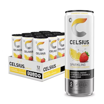 Celsius Sparkling Strawberry Lemonade, Functional Essential Energy Drink, 12 Fl Oz (Pack Of 12) | Target