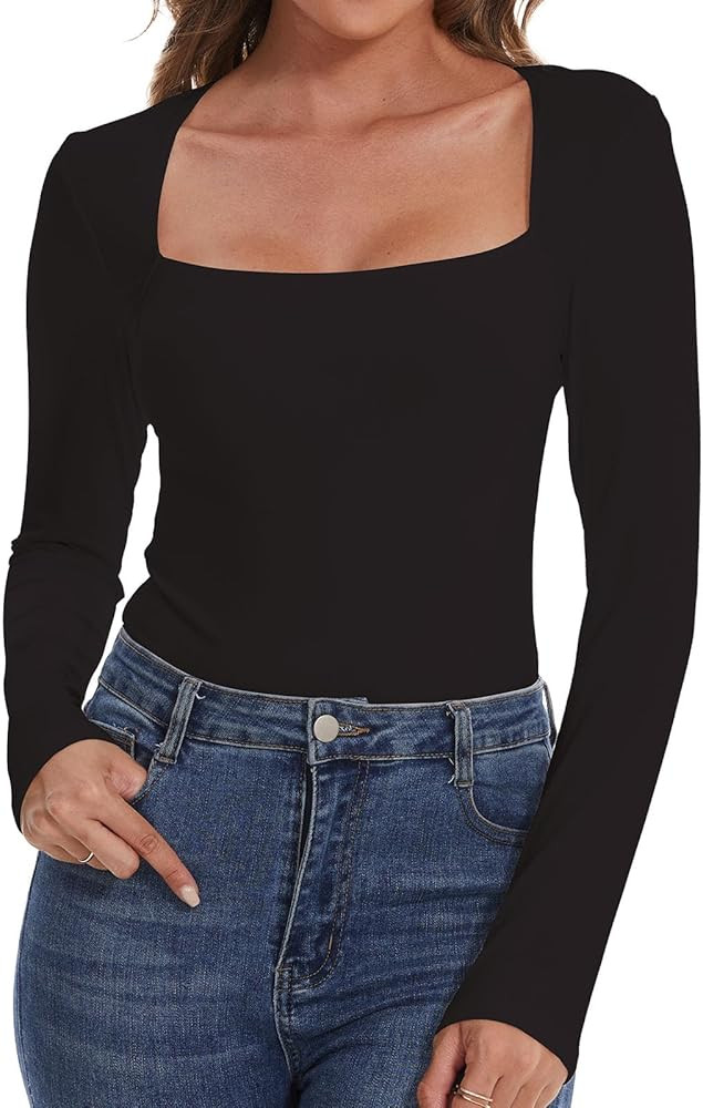 SHAPERIN Women's Sexy Square Neck Long Sleeve Bodysuit Shirt Tops Thong Body Suit | Amazon (US)