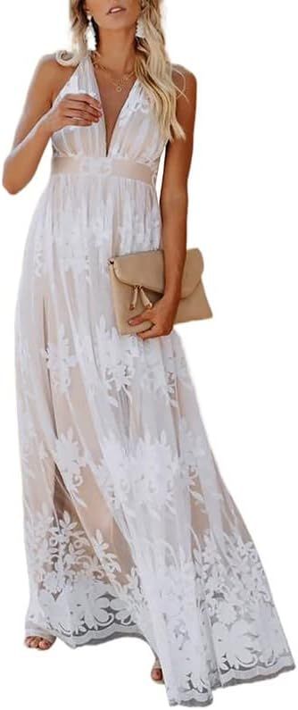 Dokotoo Womens 2024 Formal Dresses Plunging V-Neck Embroidered Floral Lace Mesh Velvet Maxi Dress | Amazon (US)