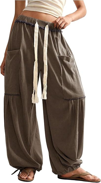 Women's Baggy Harem Pants Drawstring Waist Wide Leg Sweatpants Boho Casual Trousers Joggers with ... | Amazon (US)