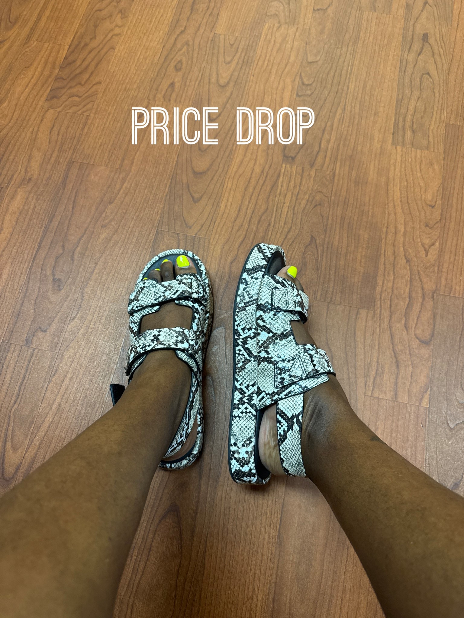 Amazon Snake print sandals. These are very comfortable and I dress them up or down.