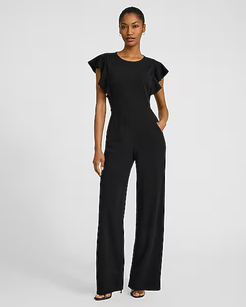 Crew Neck Flutter Sleeve Wide Leg Jumpsuit With Pockets | Express
