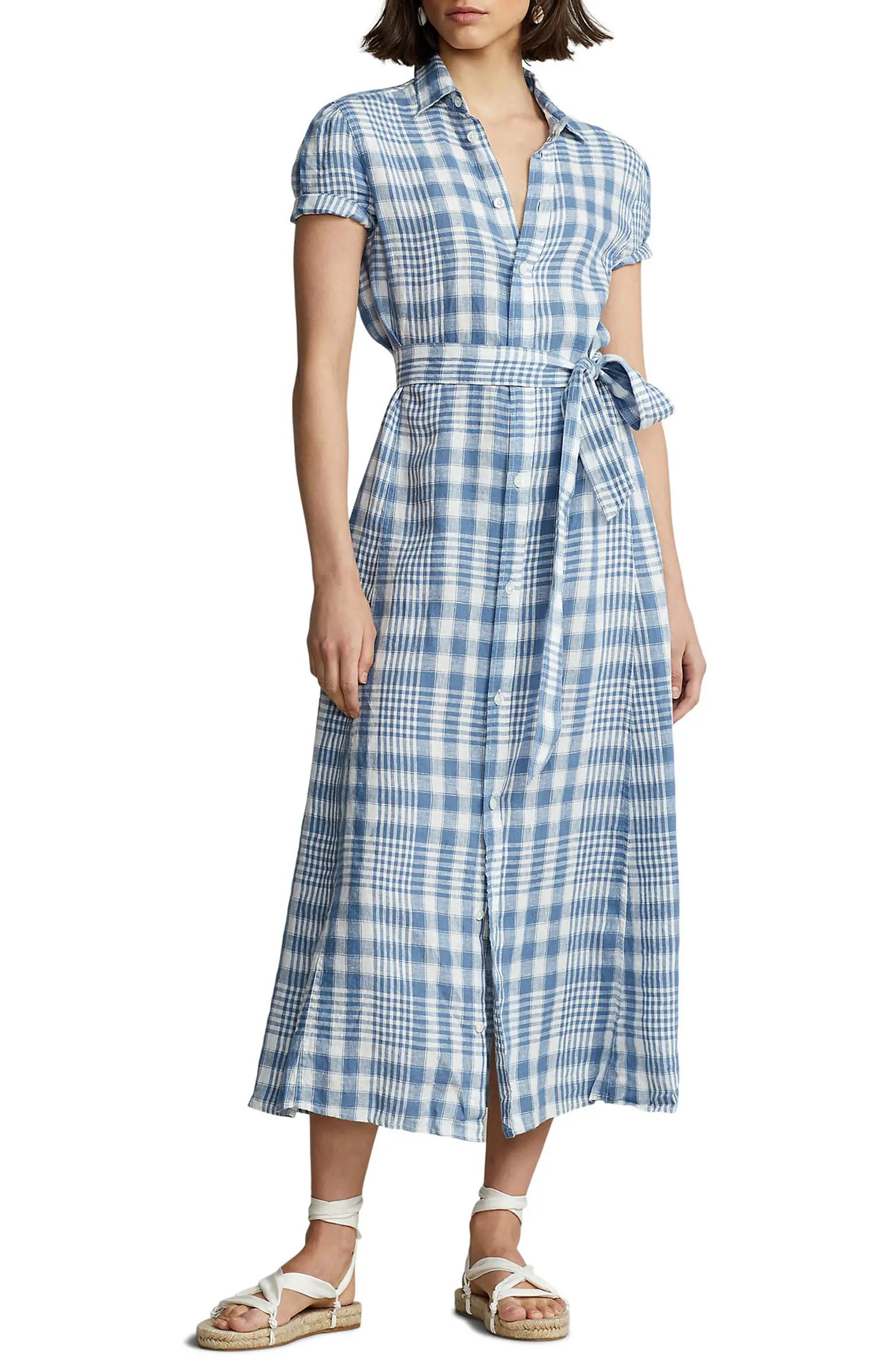 Plaid Short Sleeve Linen Midi Dress | Nordstrom