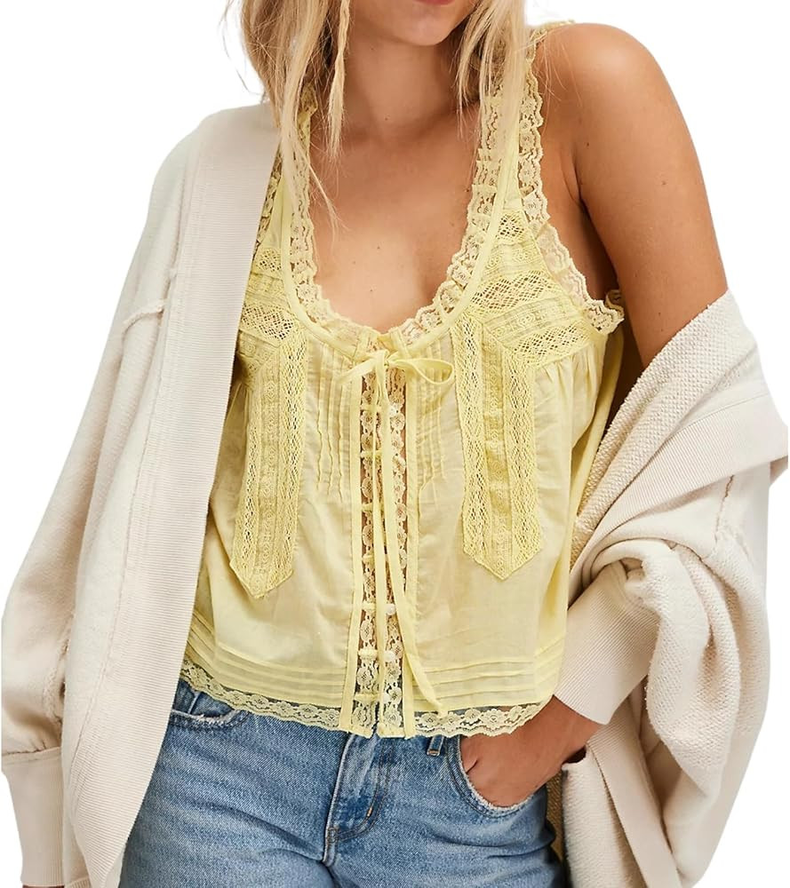 Women Sleeveless Ruffled Lace Trim Chiffon Crop Top Scoop Neck Flowy Button Down Front Tie Mesh C... | Amazon (US)