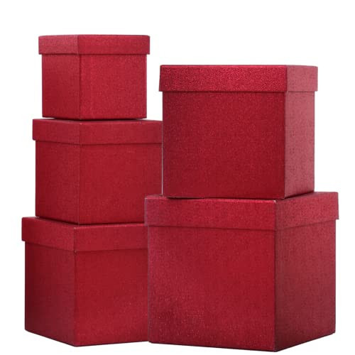 UNIQOOO 5Pcs Red Glitter Xmas Gift Box Set with Lid, Assorted Size, Square Nested Wedding Keepsake Boxes, Holiday Paper Box Tower For Birthday Party, Mother's Day Gift Wrap Packaging | Amazon (US)