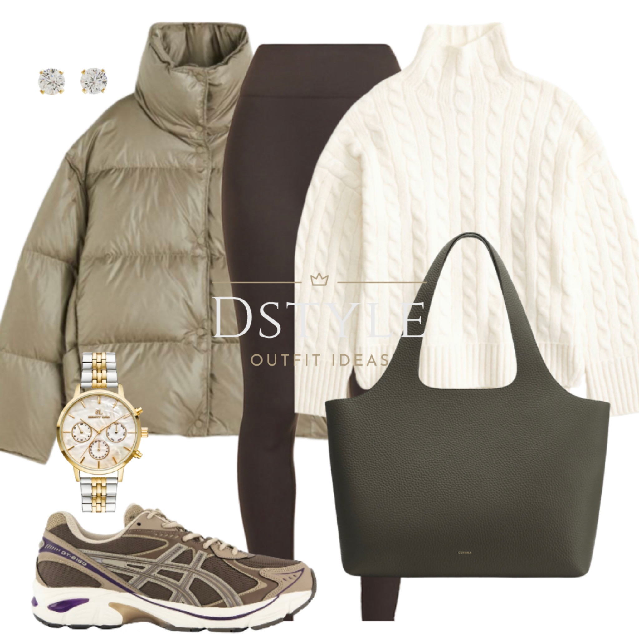 Winter Comfort: A cream cable-knit sweater, brown leggings, a cozy beige puffer jacket, a dark olive tote bag, and matching ASICS sneakers. Embrace the season in style. ❄️👜👟 #WinterOutfit

#LTKshoecrush #LTKfindsunder100 #LTKSeasonal