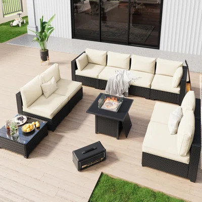 No-Assembly Chairs, 8-Person Patio Furniture Set Durable Wicker Outdoor Sectional Seating Group Outdoor Conversation Sofa With Fire Pit(Included Blue | Wayfair North America