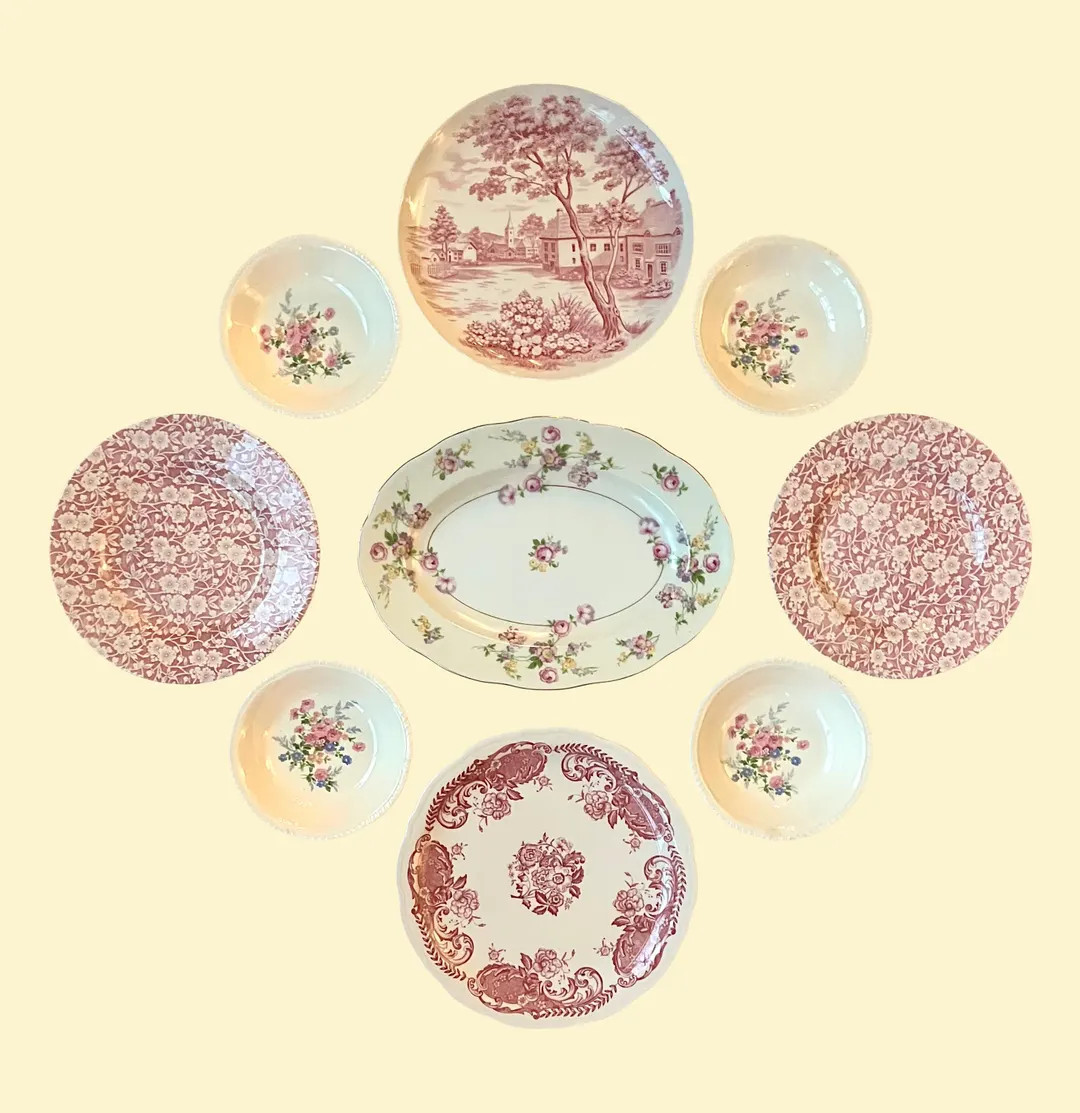 Vintage Pink Plate Wall Collection, 9 Piece Transferware Gallery Art, Home Decor Gift | Etsy (US)