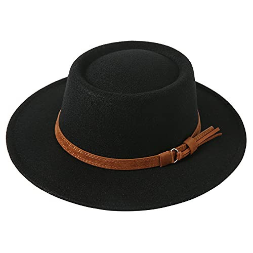 Lanzom Women Vintage Wide Brim Warm Wool Fedora Hat Belt Panama Hat Felt Jazz Hat(B-Black, Medium) | Amazon (US)