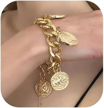 Chunky Chain Dangle Bracelet Punk Cuban Curb Link Chain Bangle Vintage Gold Moroccan Coin Stateme... | Amazon (US)