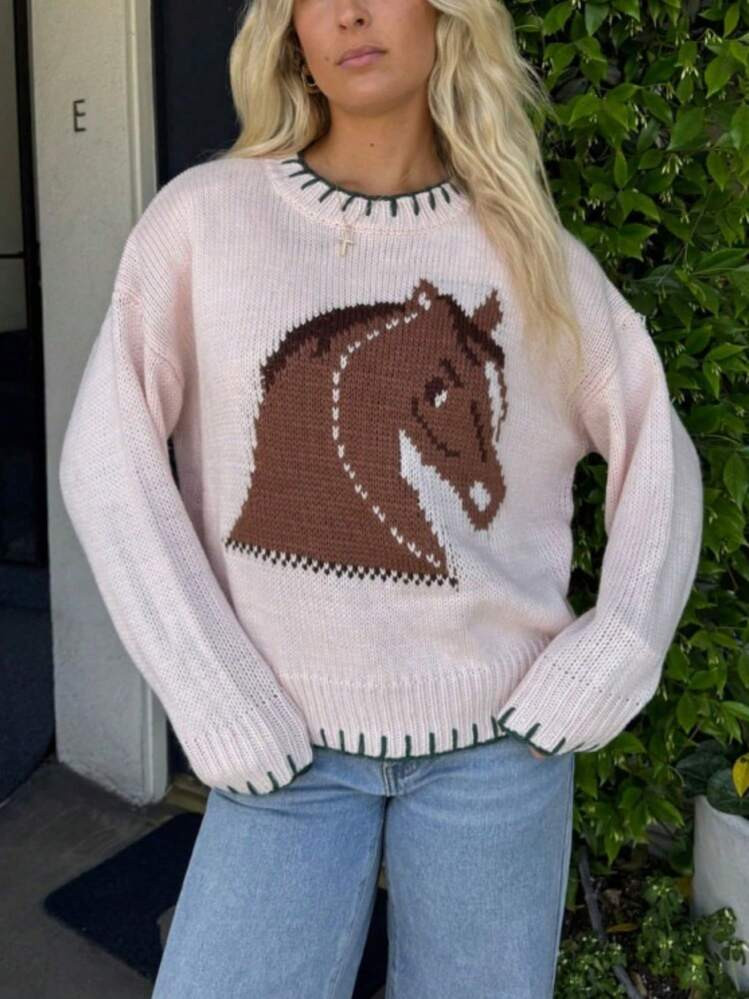 Women Vintage Horse Print Sweater Crewneck Long Sleeve Preppy Oversized Sweaters Knit Sweatshirts Pullover Tops Fall Winter Going Out Jumper Tops Aesthetic Clothes | SHEIN