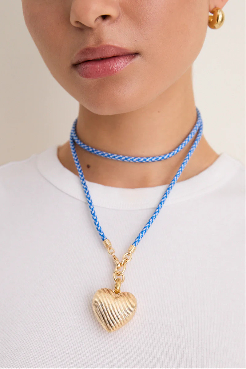 Gold, Blue and White Long Happy Cord Necklace with Heart | Tuckernuck (US)