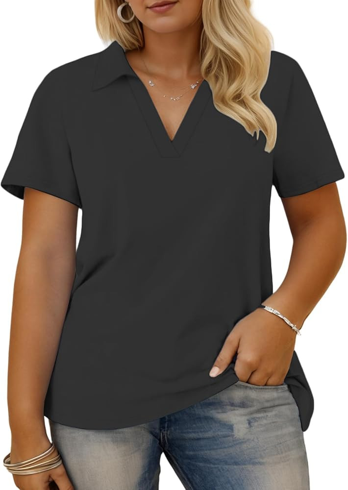 VISLILY Plus-Size-Summer-Tops for Women Collared V Neck Polo Shirts Flowy Tunics Trendy Short Sle... | Amazon (US)