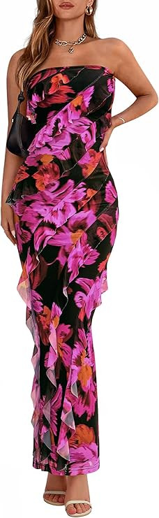 BTFBM Spring Dresses for Women 2025 Strapless Maxi Ruched Bodycon Floral Ruffle Cocktail Formal W... | Amazon (US)