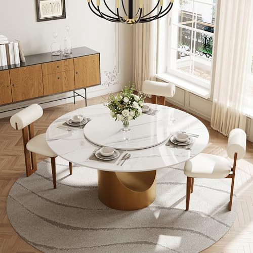 Modern Round Dining Table for 4-6, Circle Dining Room Table Built in Lazy Susan, 51" Sintered Stone White Dining Table Top with Carbon Steel Pedestal for Dining Room (Table Only) | Amazon (US)