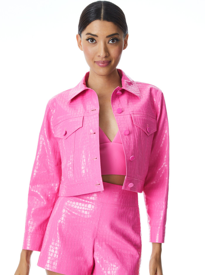CHLOE VEGAN LEATHER CROC CROPPED JACKET | Alice + Olivia