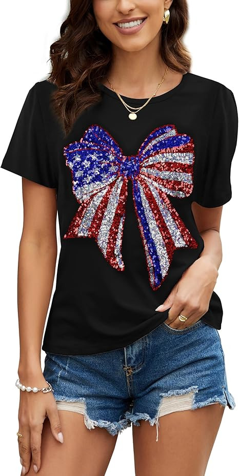July 4th Womens Patriotic Shirt Sexy Graphic Sequin Flag Tops Memorial Day American Flag Tops, Pa... | Amazon (US)