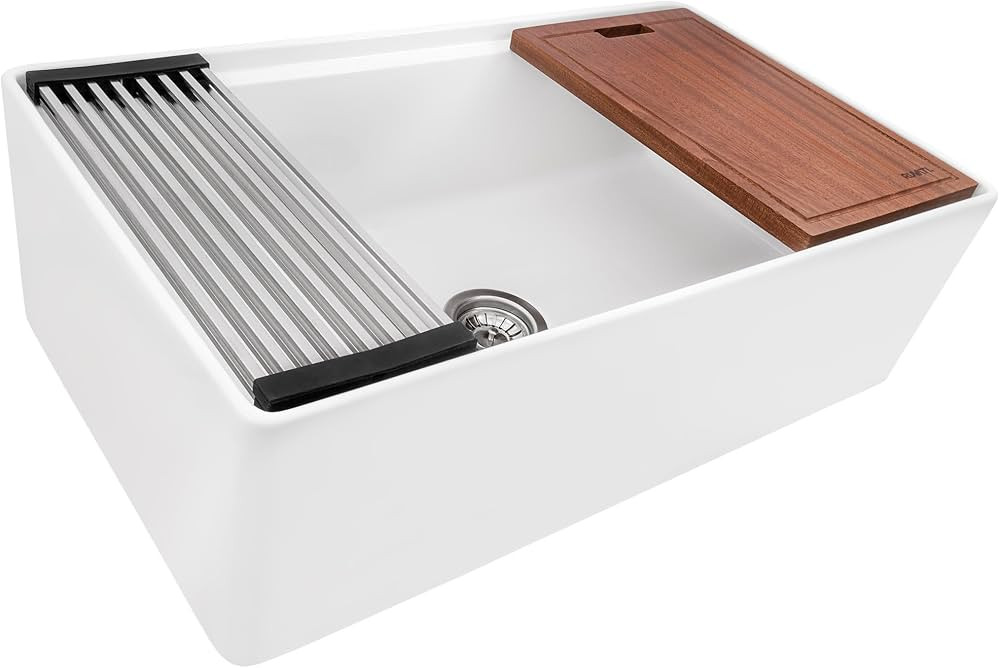 Ruvati 33 inch Fireclay Workstation White Farmhouse Kitchen Sink Apron Front Single Bowl - RVL238... | Amazon (US)