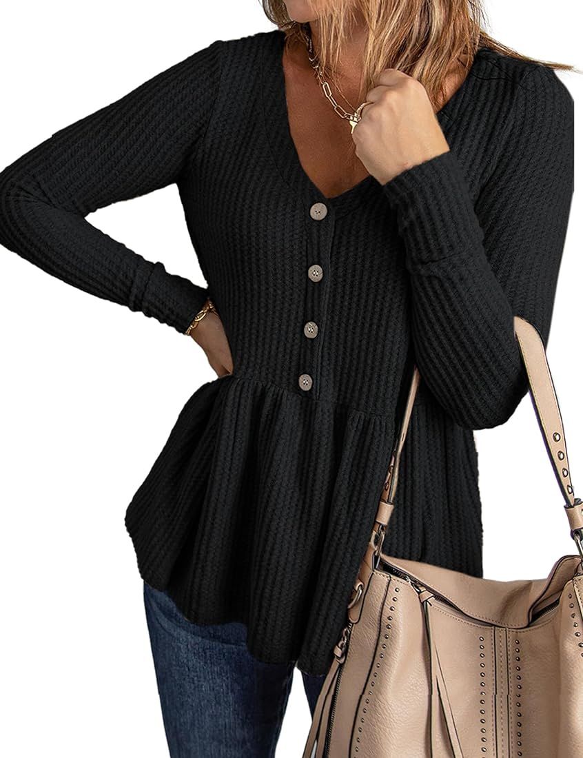 Jollycode Women's Casual Peplum Tops V Neck Long Sleeve Waffle Knit Ruffle Hem Tunic Shirts Fall ... | Amazon (US)