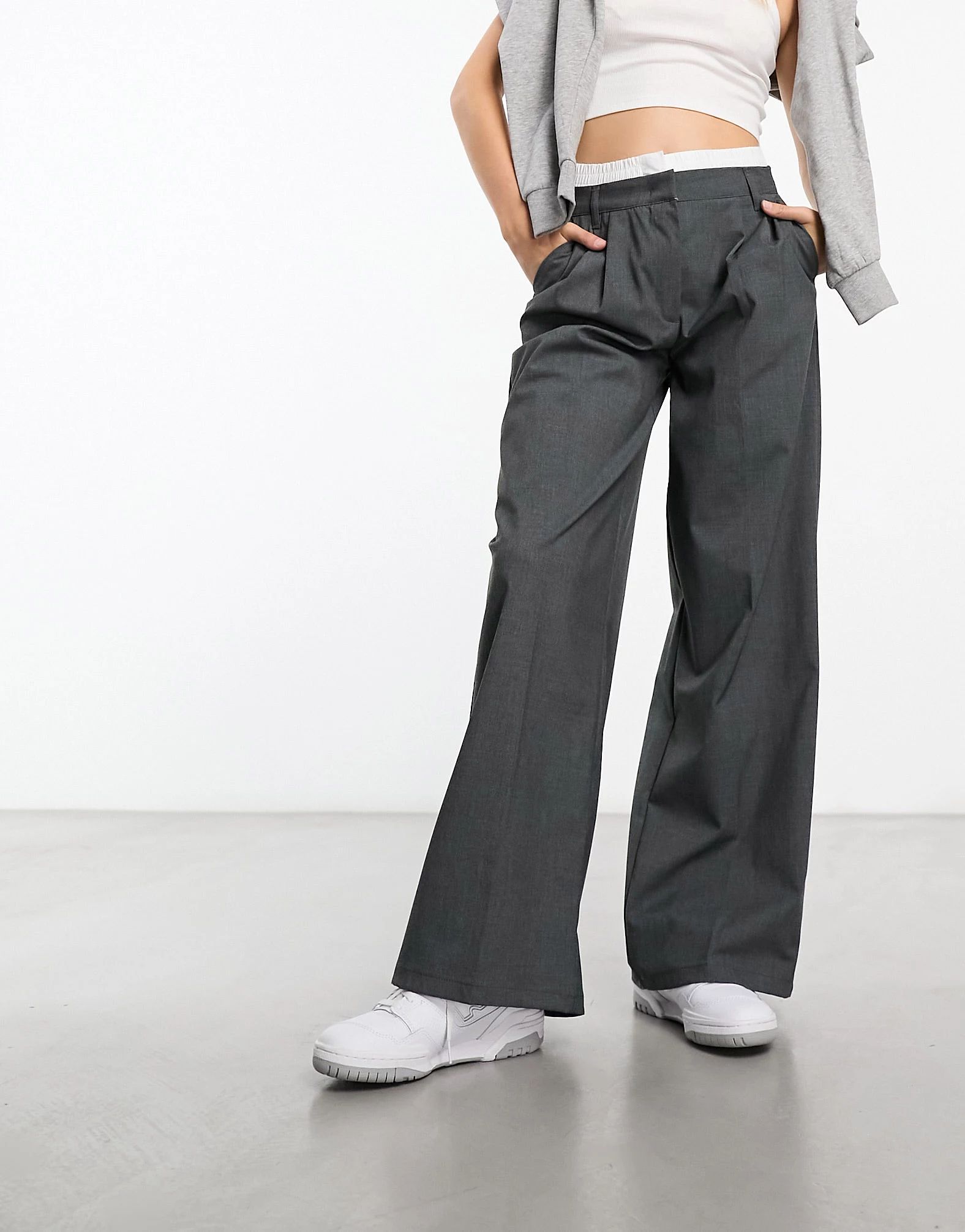 Bershka boxer waistband wide leg tailored pants in dark gray | ASOS (Global)