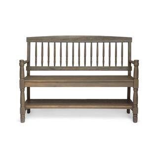 2-Person Gray Acacia Wood Outdoor Bench with Shelf | The Home Depot