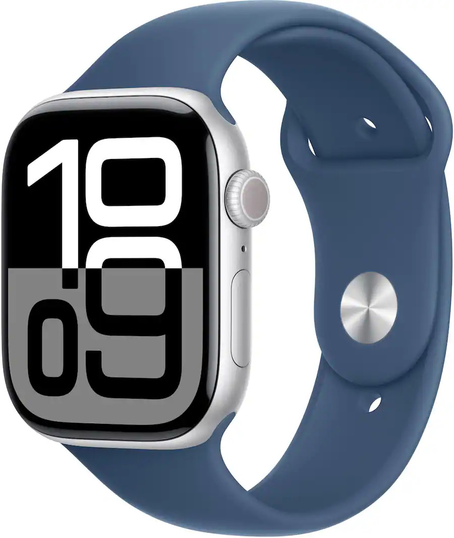 Apple Watch Series 10 (GPS) 46mm Aluminum Case with Denim Sport Band - M/L - Silver - (2024) | Best Buy U.S.