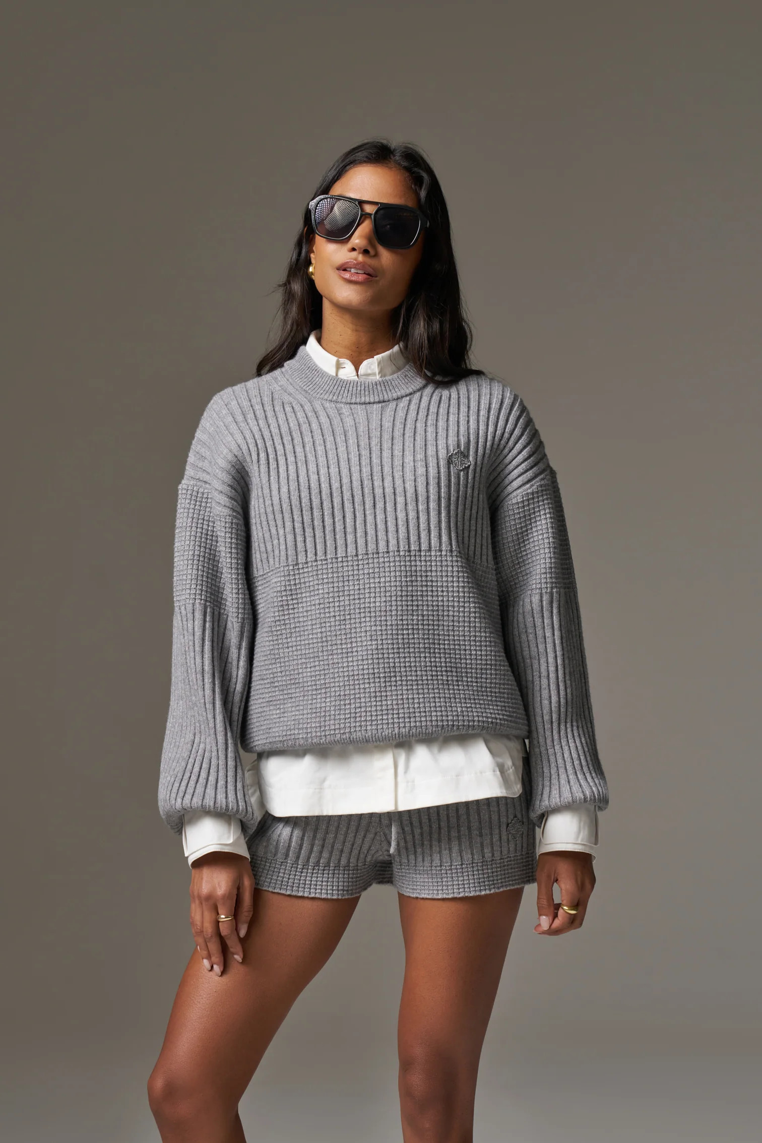 CONTRAST KNIT OVERSIZED CREW - GREY MARL | The Couture Club
