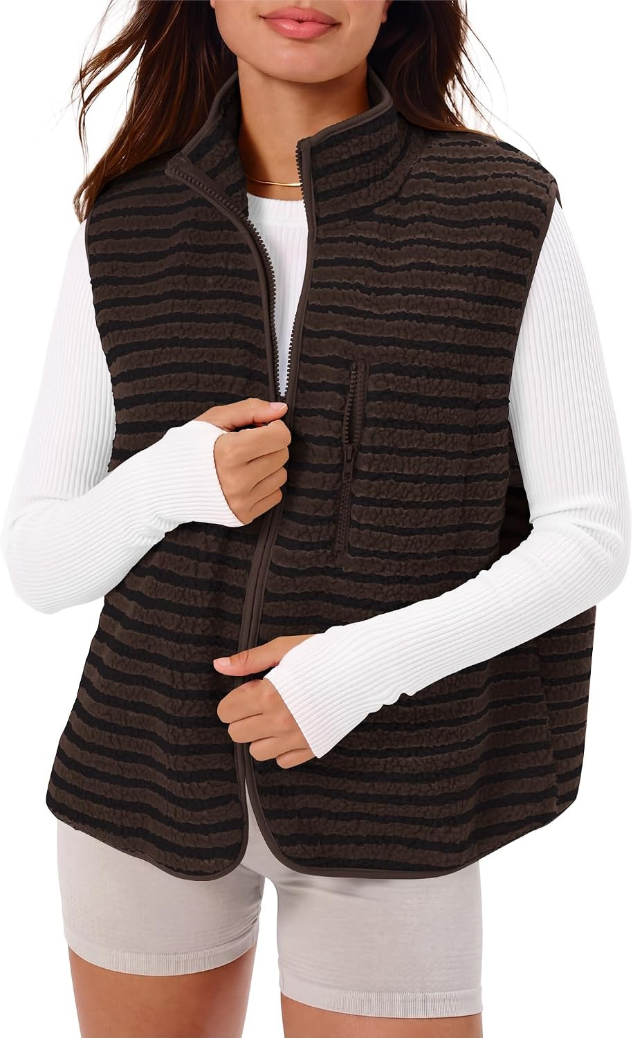 Women's Sherpa Fleece Striped Vest Stand Collar Sleeveless Jacket | Amazon (US)