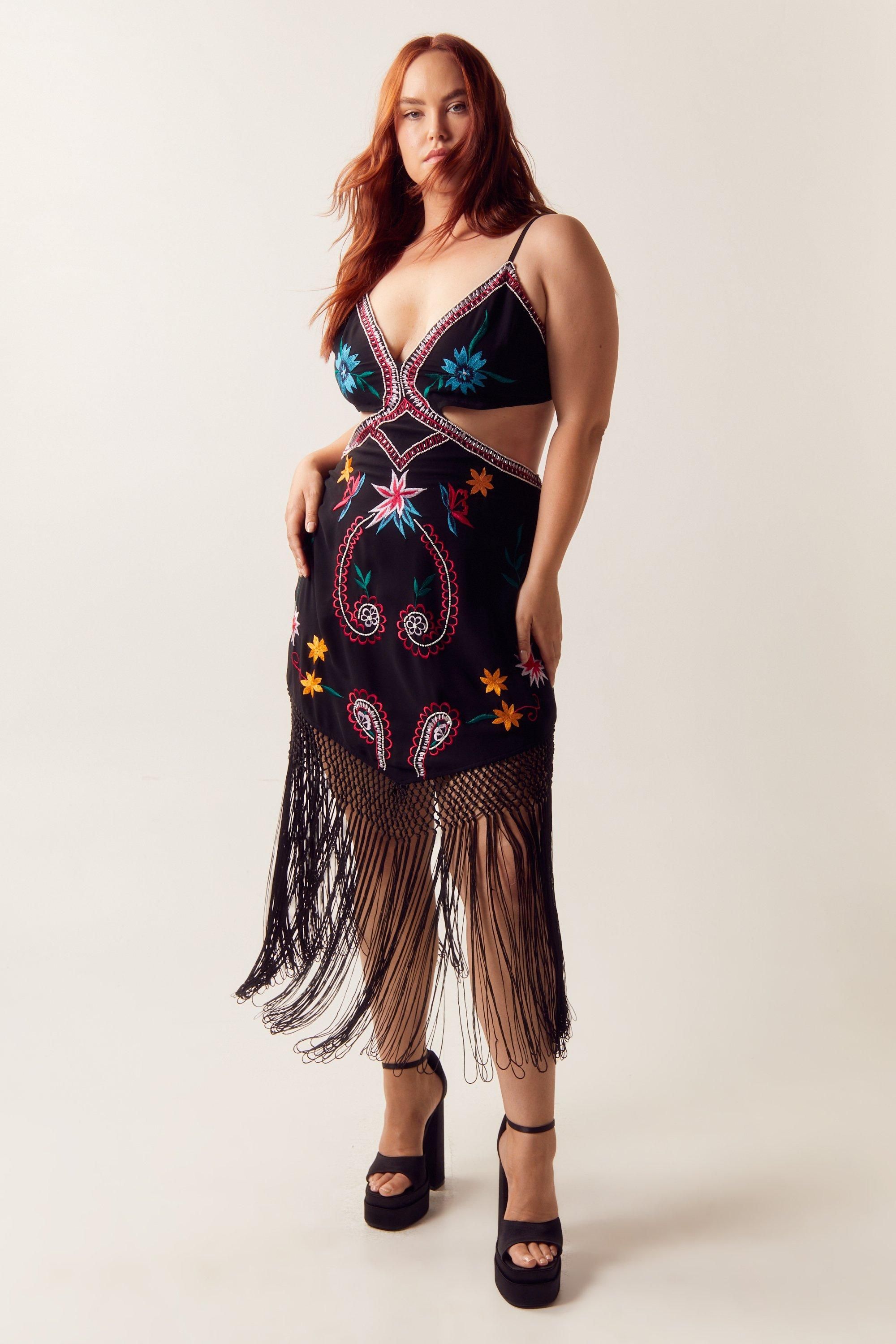 Plus Size Embroidered Fringe Cut Out Mini Dress | Nasty Gal US