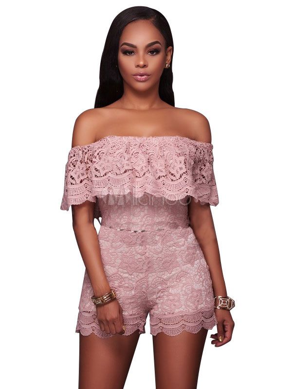 Off Shoulder Romper Women's Pink Lace Ruffle Skinny Fit Playsuit | Milanoo
