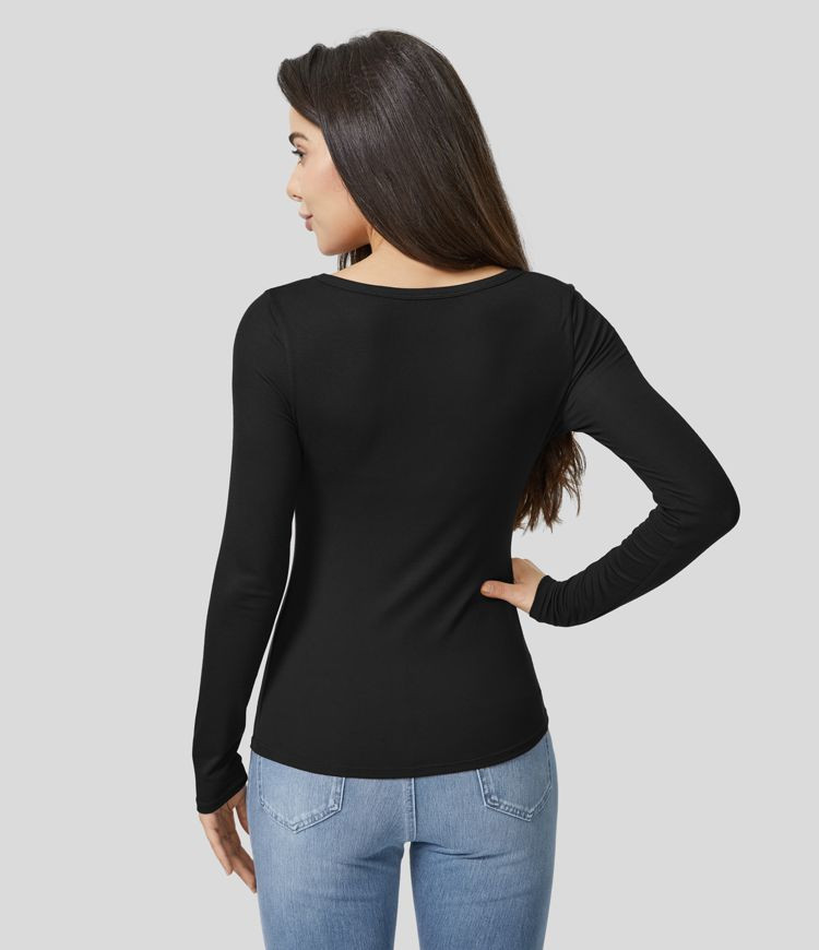 Women’s Ribbed Henley Neck Long Sleeve Slim Casual Top - Halara | HALARA